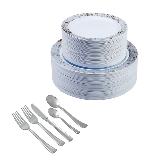 350-piece silver dinnerware set for 50 guests: 100 silver marble design plastic plates, 250 silver-colored plastic silverware utensils