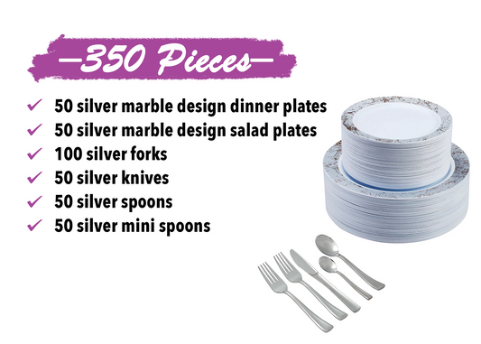 350-Piece Silver Dinnerware set for 50 guests Includes: 100 silver marble design plastic plates, 250 silver-colored plastic silverware utensils