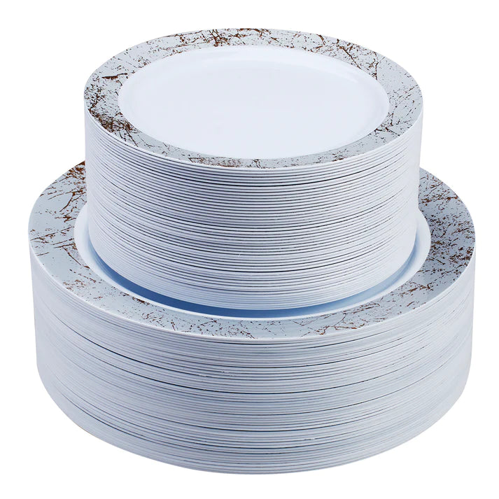 350-Piece Silver Dinnerware set for 50 guests Includes: 100 silver marble design plastic plates, 250 silver-colored plastic silverware utensils