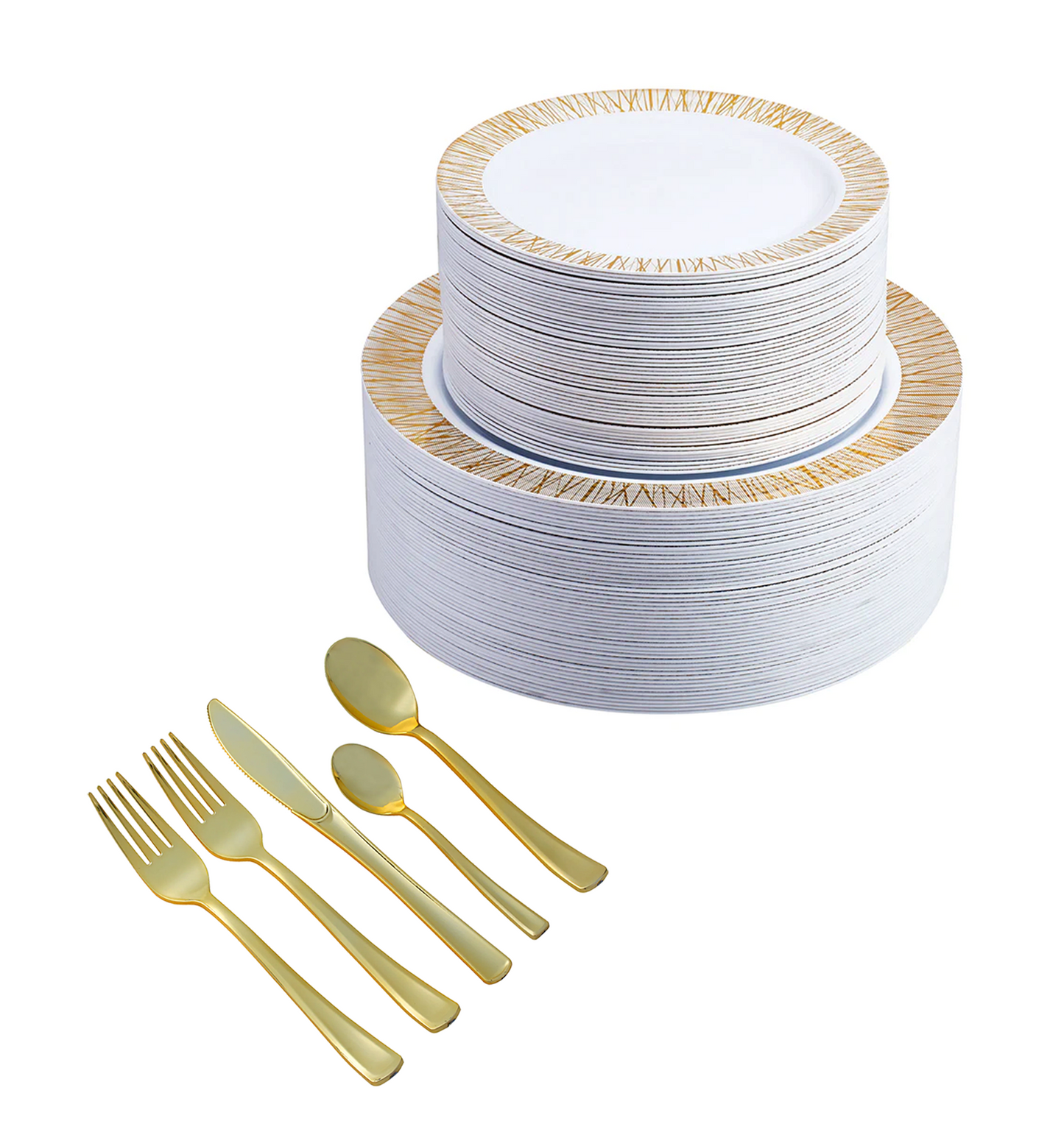 350-Piece Gold Dinnerware set for 50 guests Includes: 100 gold design plastic plates, 250 gold plastic silverware utensils