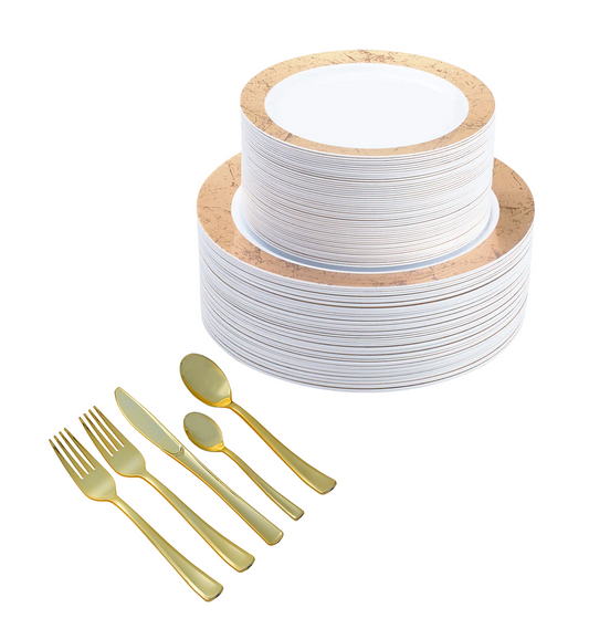 350-Piece Gold Dinnerware set for 50 guests Includes: 100 gold marble design plastic plates, 250 gold plastic silverware utensils