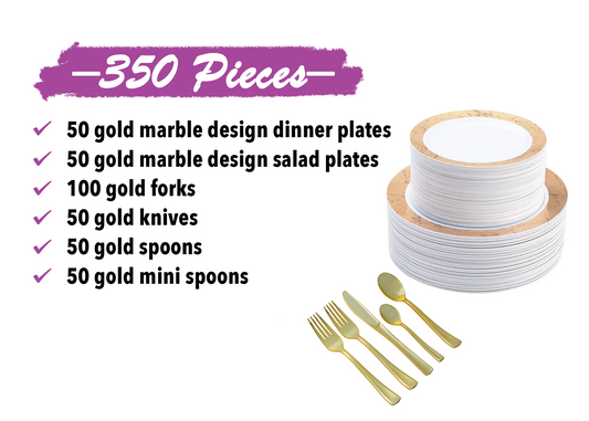 350-Piece Gold Dinnerware set for 50 guests Includes: 100 gold marble design plastic plates, 250 gold plastic silverware utensils