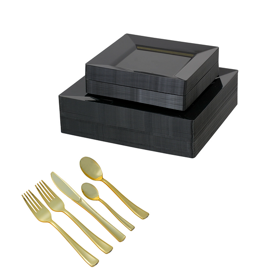 330 -Piece black square dinnerware set for 40 guests Includes: 80 black square plastic plates & 250 plastic gold silverware utensils