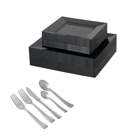 330-Piece black square dinnerware set for 40 guests Includes: 80 white square plastic plates & 250 silver-colored silverware utensils