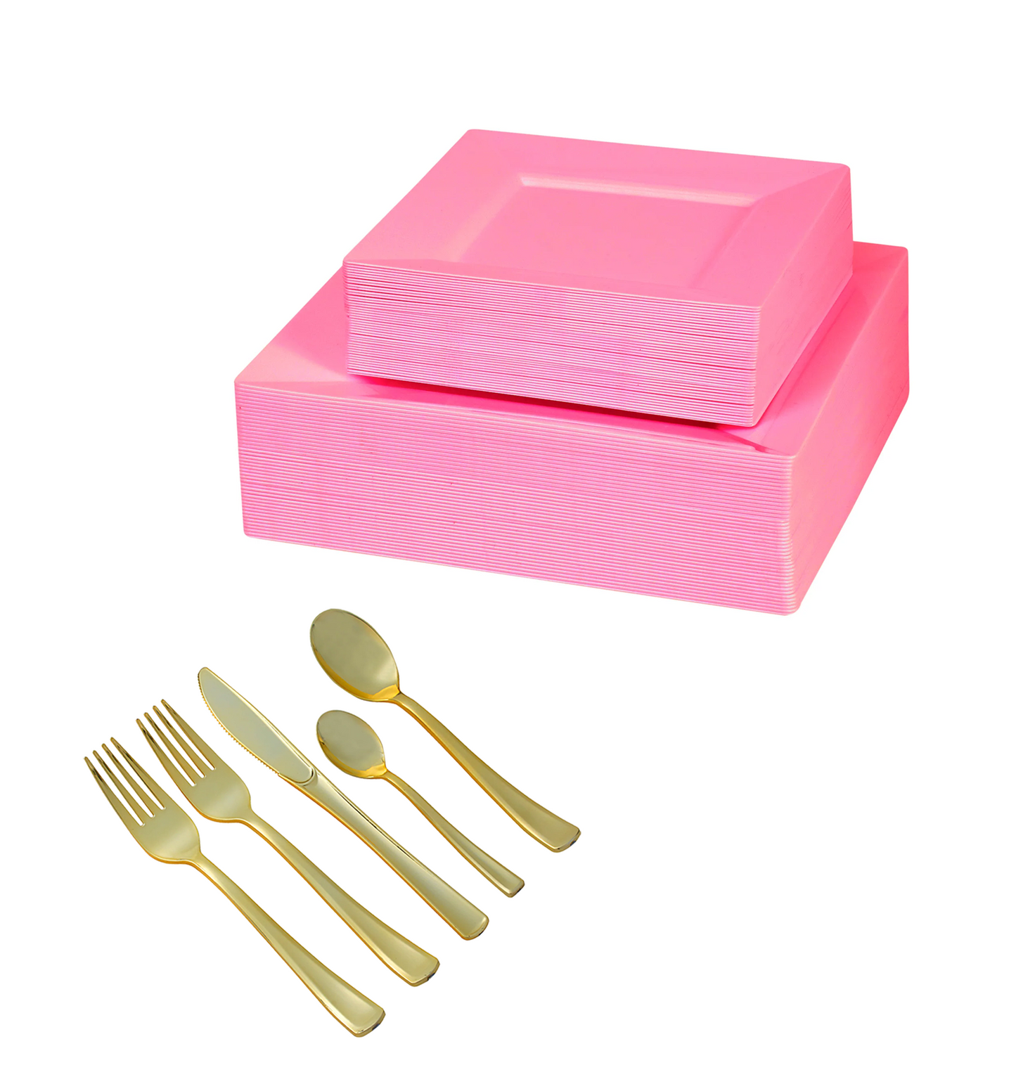 330 -Piece pink square dinnerware set for 40 guests Includes: 80 pink square plastic plates & 250 plastic gold silverware utensils