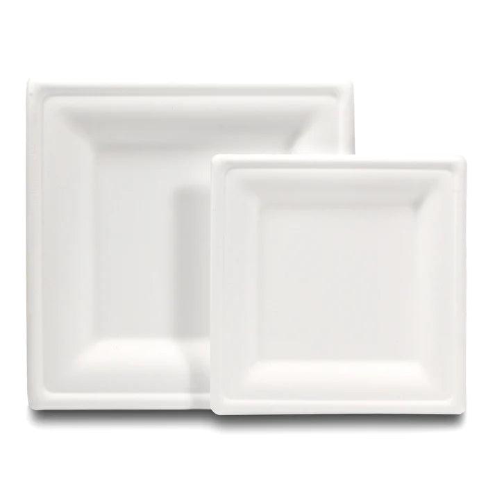 300-piece Compostable eco-friendly dinnerware set for 50 guests. Includes: 100 white square plates & 200 utensils