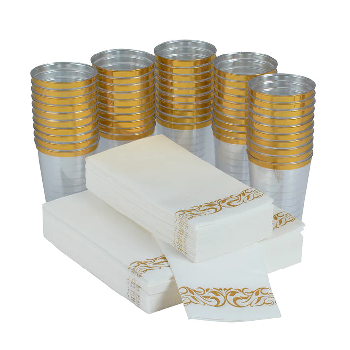 430-piece white dinnerware set for 40 guests. Includes: 80 white square plastic plates, 250 gold plastic silverware, 40 napkins & 40 cups