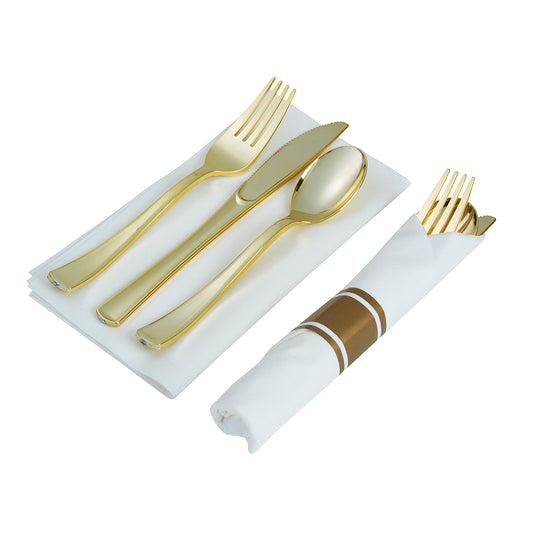 200 Piece Pre-rolled gold plastic silverware set (for 50 guests) In each napkin pack, you will find 1 fork, 1 knife, and 1 spoon, all wrapped up inside.