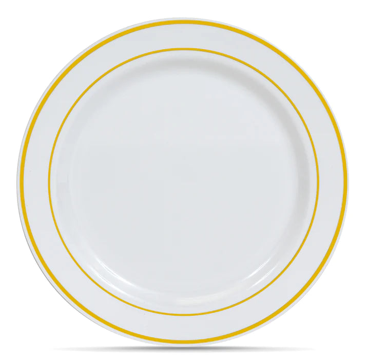 450-piece Gold Dinnerware set for 50 guests Includes: 100 gold rim plastic plates, 250 gold plastic silverware utensils, 50 napkins & 50 cups