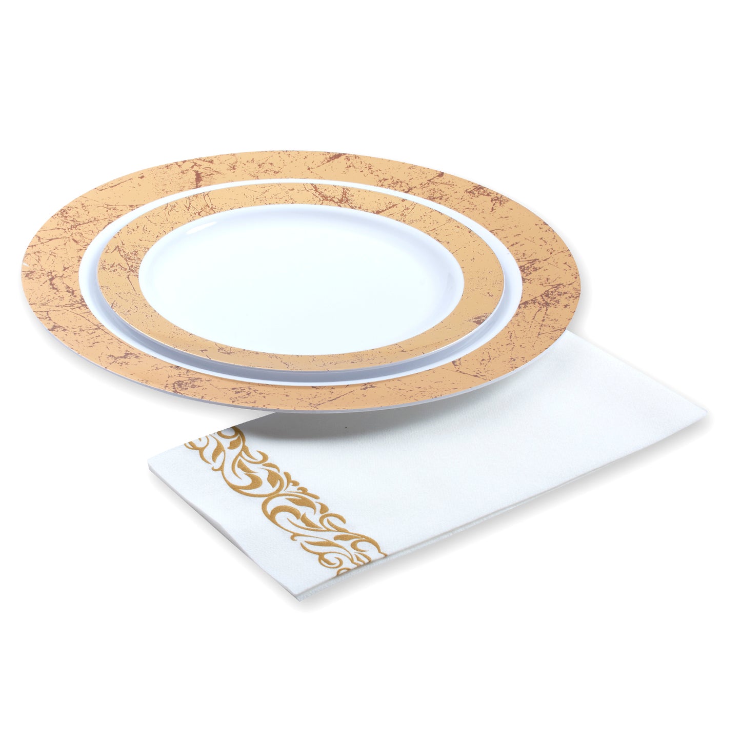 100 plates total - 50 plastic dinner plates and 50 plastic salad plates- gold marble design