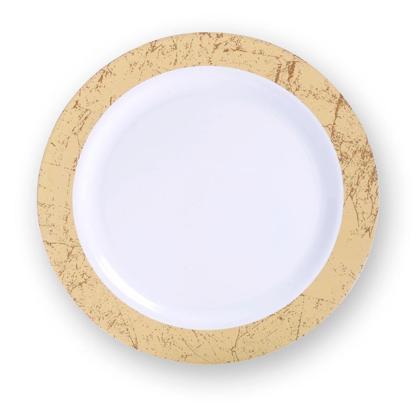 300-piece Gold Dinnerware Set for 50 guests Includes: 100 gold marble design plastic plates & 50 pre-wrapped gold silverware sets