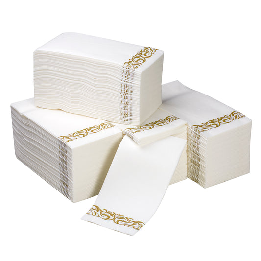 200 pc.  Disposable Linen-Feel Dinner Napkins / Guest towels  (White With Gold Trim Design)