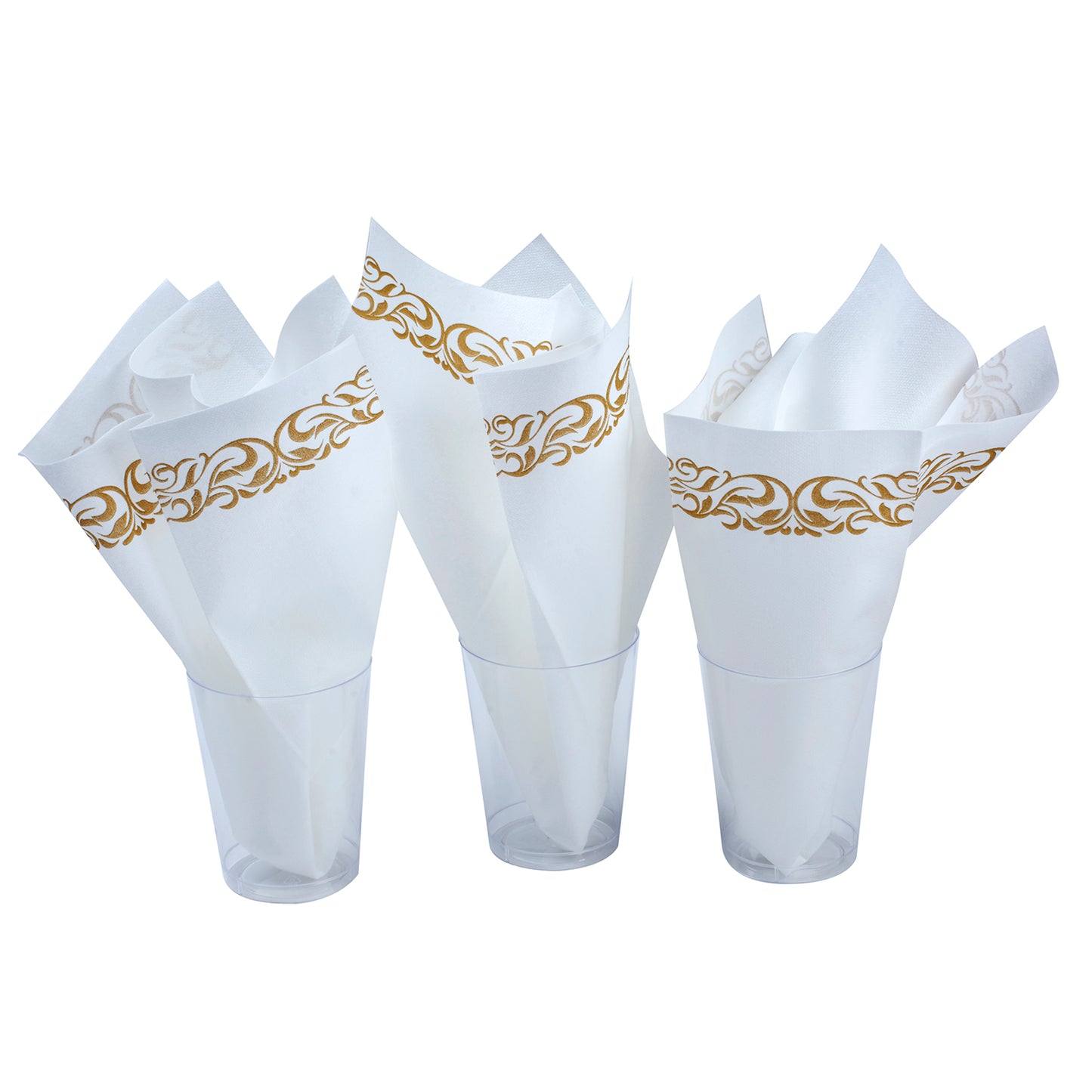 200 pc.  Disposable Linen-Feel Dinner Napkins / Guest towels  (White With Gold Trim Design)