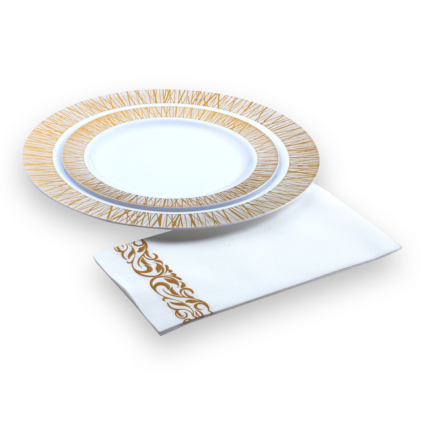 200 pc.  Disposable Linen-Feel Dinner Napkins / Guest towels  (White With Gold Trim Design)