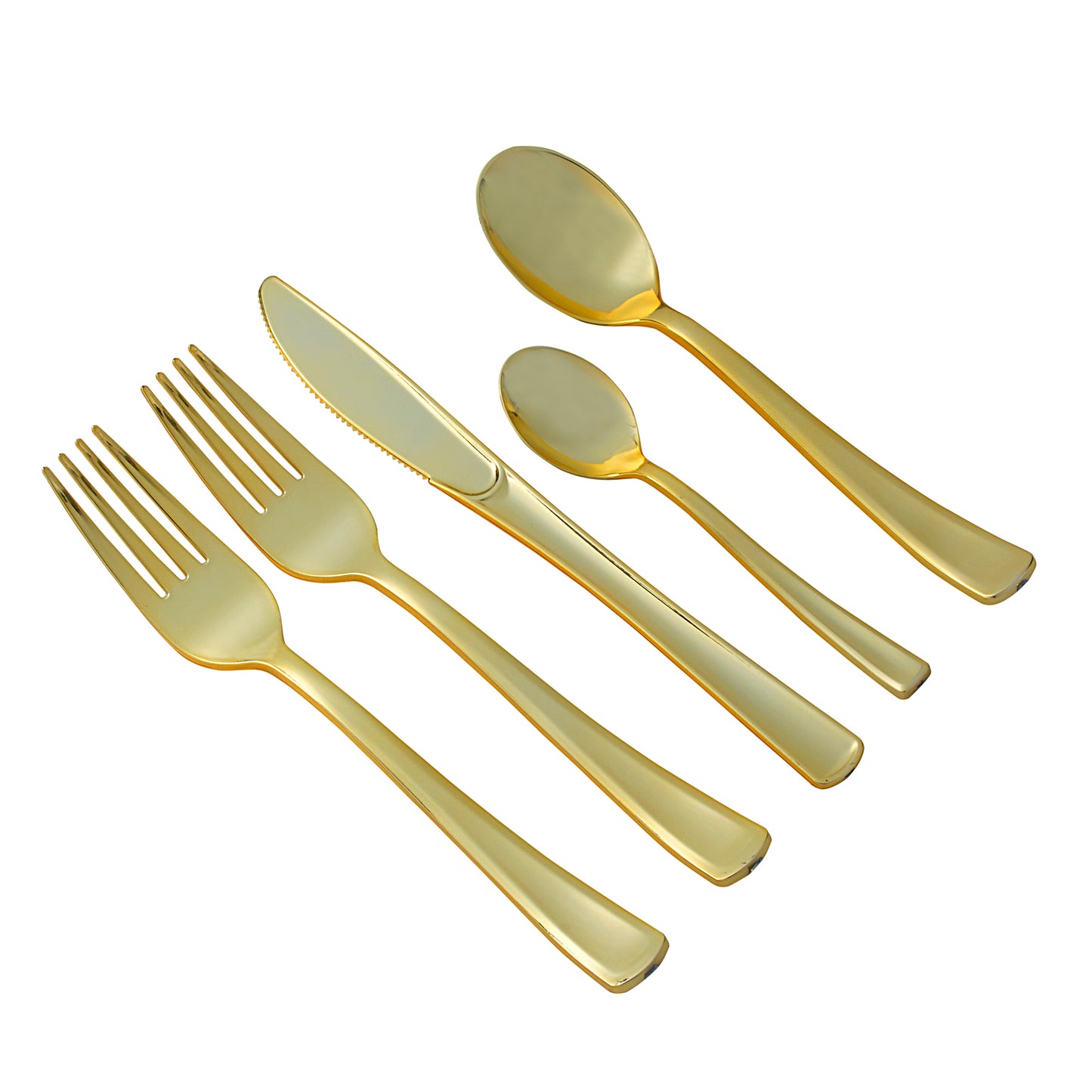 250 piece gold plastic silverware set for 50 guests: 100 forks, 50 knives, 50 spoons, 50 mini spoons