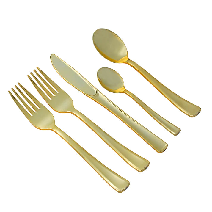 340 -Piece white dinnerware set for 30 guests Includes: 60 white design plastic plates, 250 gold plastic silverware utensils, 50 napkins & 50 cups