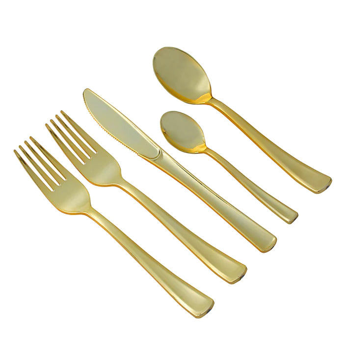 450-piece Gold Dinnerware set for 50 guests Includes: 100 gold rim plastic plates, 250 gold plastic silverware utensils, 50 napkins & 50 cups