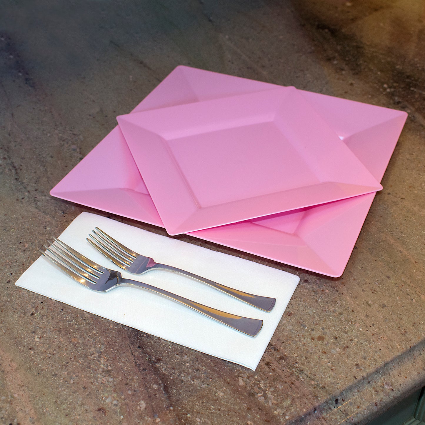 40 pc. set. Includes: 20 square, Pink, plastic dinner plates & 20 Square, Pink, plastic salad plates