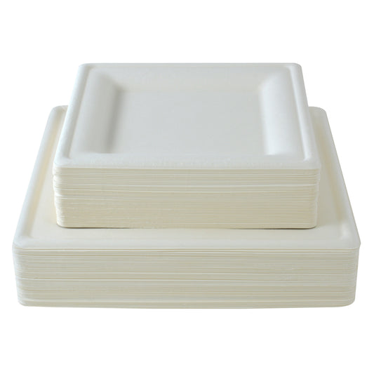 100 pc. White Square Compost Plates:  Eco-Friendly & Disposable 50 Dinner Plates and 50 Salad Plates