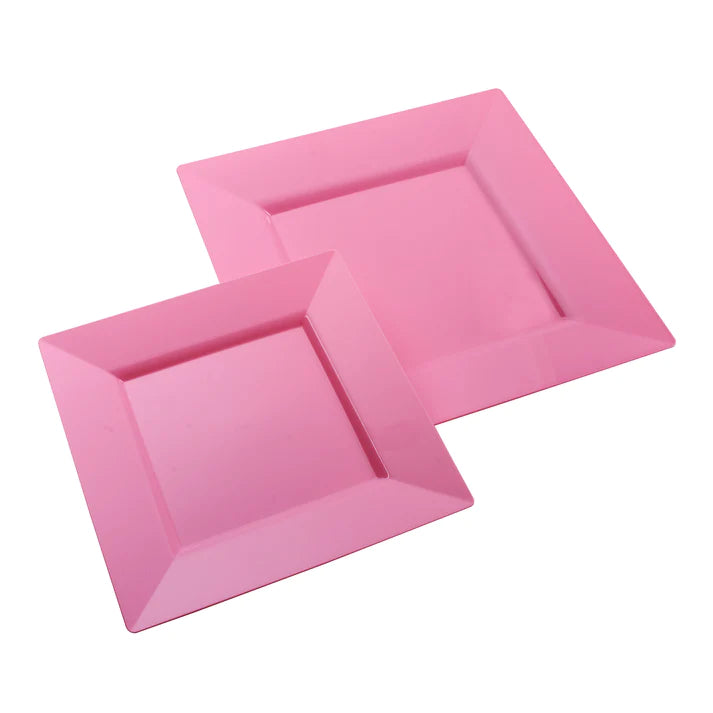 Disposable dinnerware set for 40 guests 280 pieces Includes: 40 pink square plastic dinner plates, 40 salad plates, 50 pre-rolled linen feel napkins with gold spoons, forks & knives wrapped inside.
