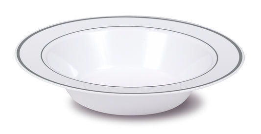 50 pc. White with Silver Rim Plastic Soup Bowls: Sturdy and Disposable