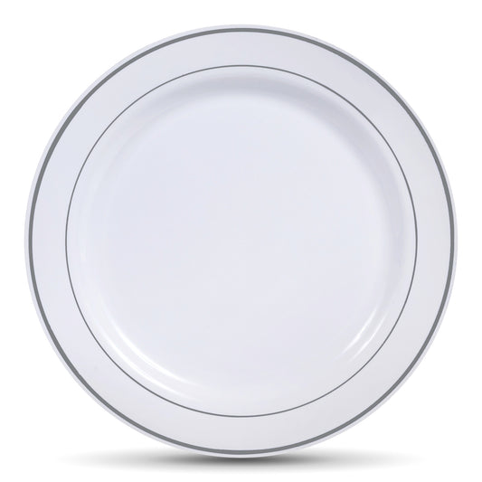 50 pc. White with Silver Rim Plastic Dinner plates: Sturdy and Disposable