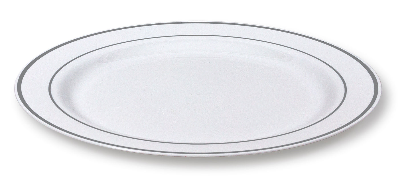 50 pc. White with Silver Rim Plastic Dinner plates: Sturdy and Disposable