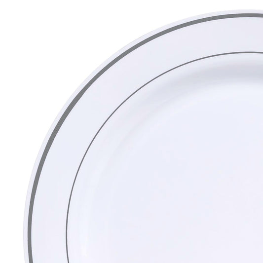 50 pc. White with Silver Rim Plastic Dinner plates: Sturdy and Disposable