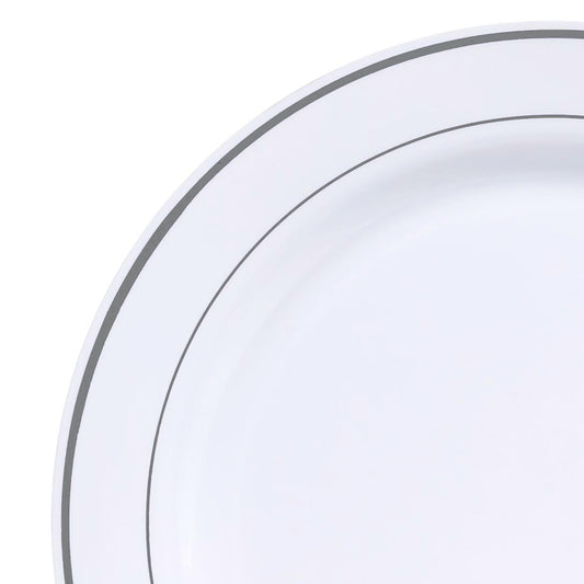 50 pc. White with Silver Rim Plastic Salad plates: Sturdy and Disposable