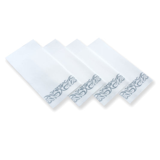 200 pc. Disposable Linen-Feel Dinner Napkins / Guest towels (White With Silver Trim Design)