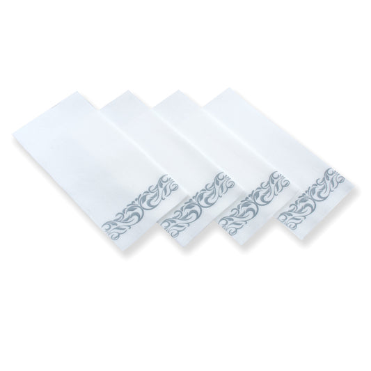 200 pc.  Disposable Linen-Feel Dinner Napkins / Guest towels  (White With Silver Trim Design)