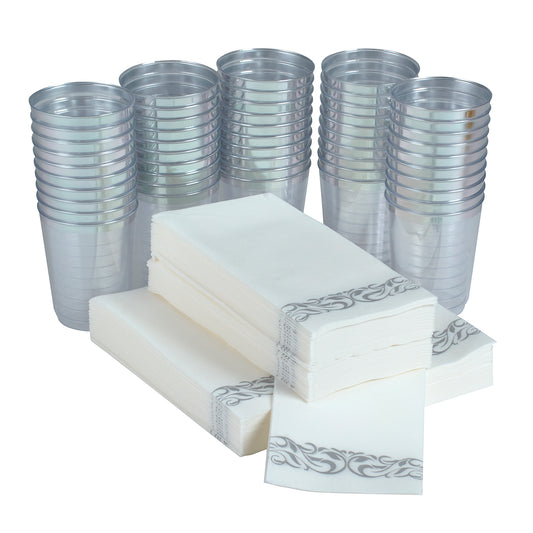 50 silver Border disposable dinner napkins and 50 silver rim disposable plastic 10 oz. cups