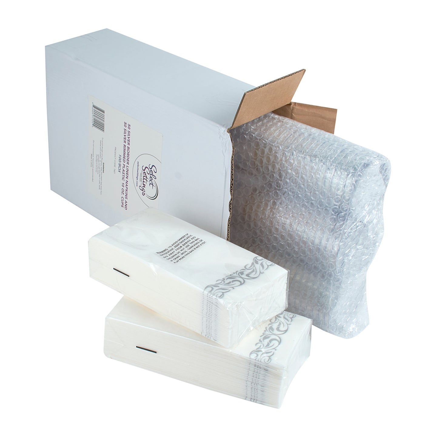50 silver Border disposable dinner napkins and 50 silver rim disposable plastic 10 oz. cups