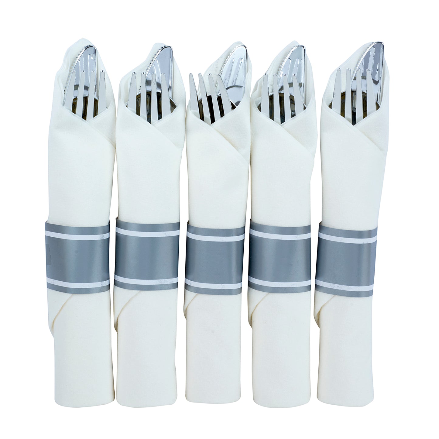 200 piece pre-rolled silver-colored plastic silverware set for 50 guests, each napkin pack includes 1 fork, 1 knife, and 1 spoon wrapped inside