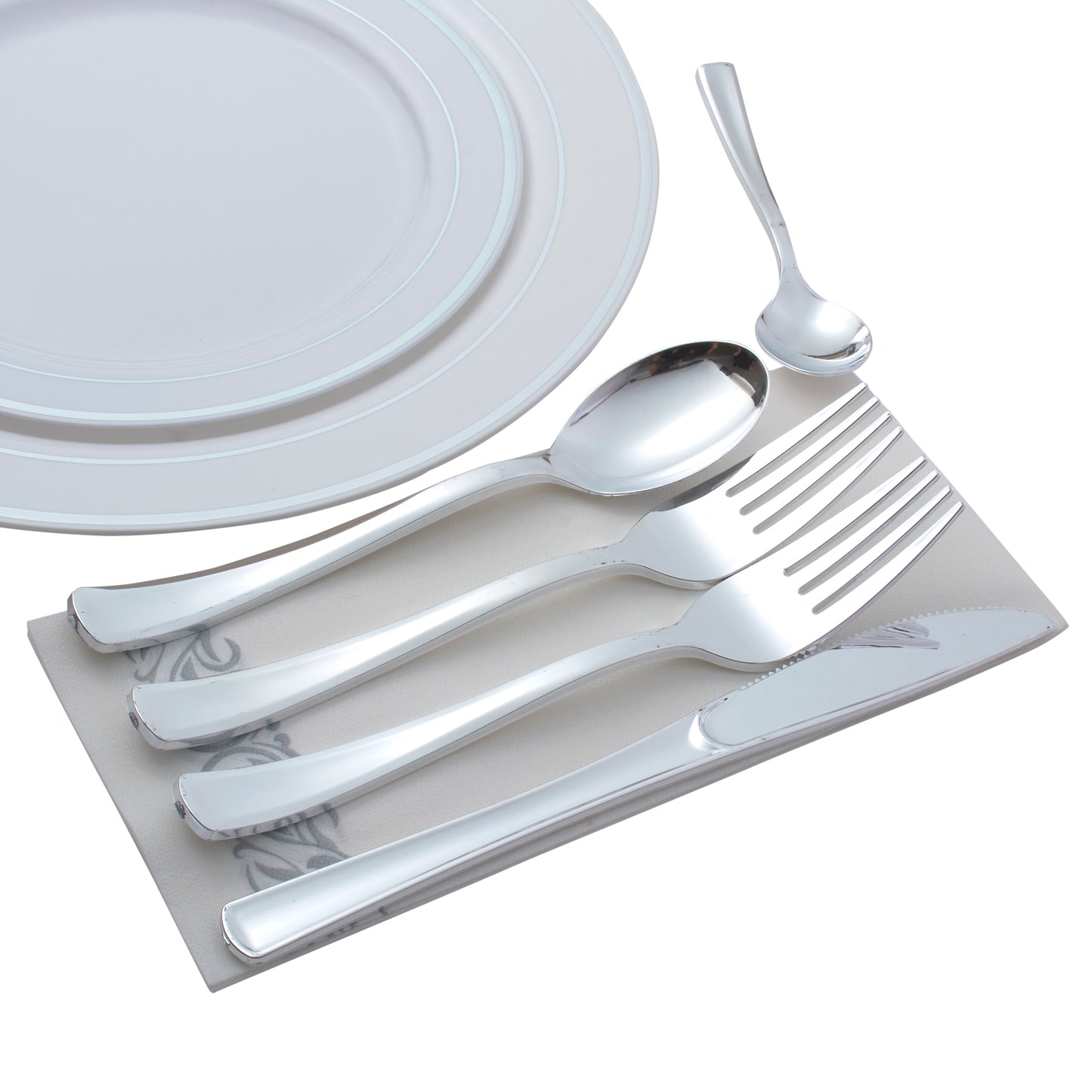 250 piece Silver-colored Plastic Silverware Set (for 50 guests): 100 forks 50 knives 50 spoons and 50 mini spoons