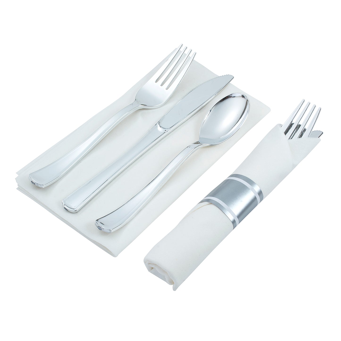 200 Piece Pre-rolled silver-colored plastic silverware set (for 50 guests) In each napkin pack, you will find 1 fork, 1 knife, and 1 spoon, all wrapped up inside.