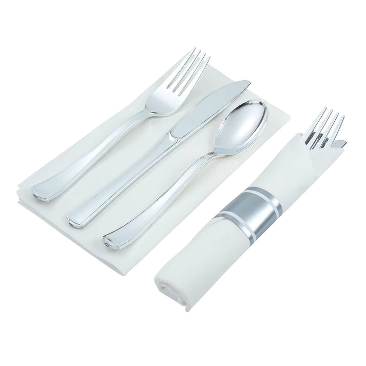 Disposable dinnerware set for 40 guests 280 pieces Includes: 40 white square plastic dinner plates, 40 salad plates, 50 pre-rolled linen feel napkins with silver spoons, forks & knives wrapped inside.