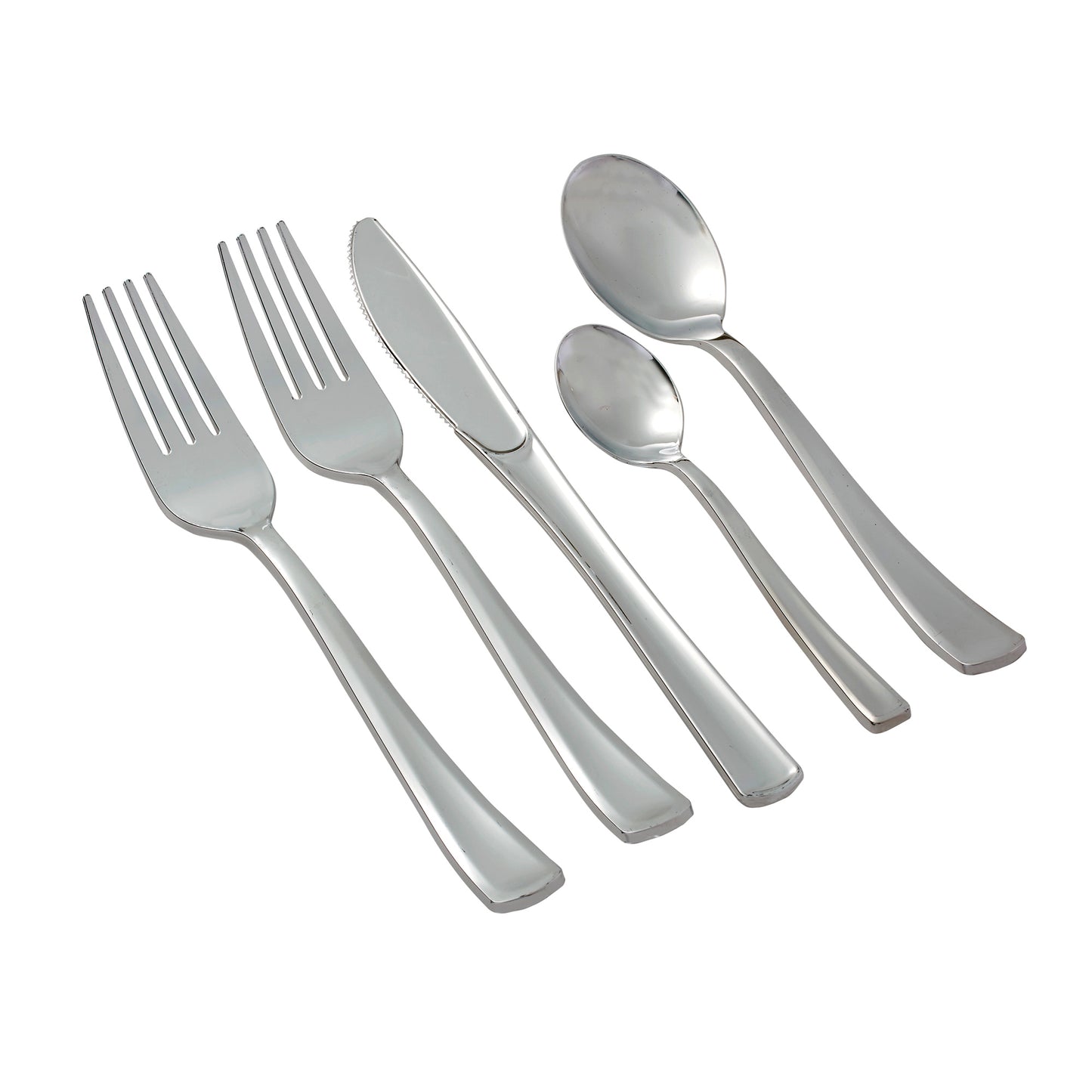 330-Piece black square dinnerware set for 40 guests Includes: 80 white square plastic plates & 250 silver-colored silverware utensils