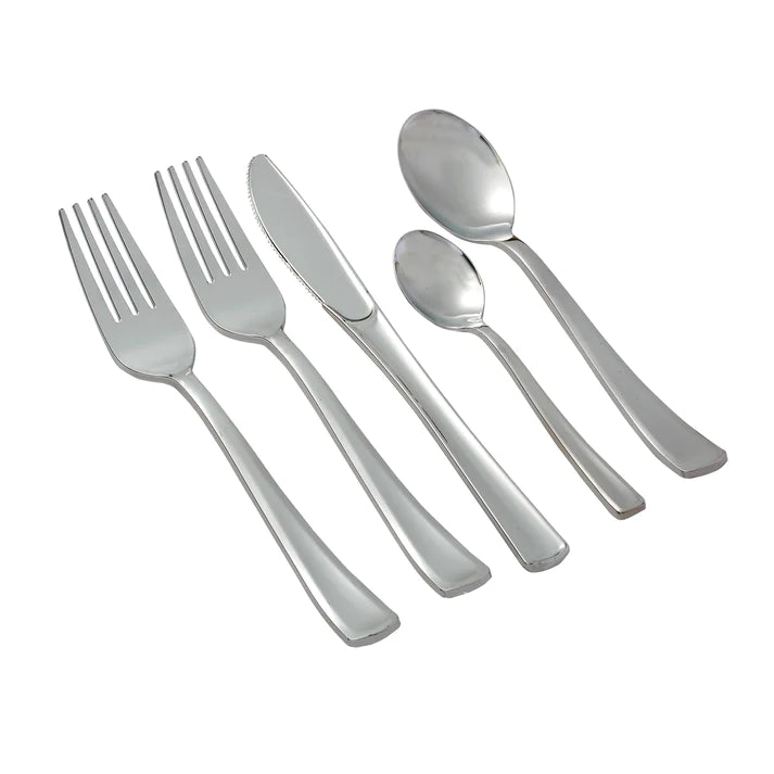 450-Piece Silver Dinnerware Set for 50 guests Includes: 100 silver rim plastic plates, 250 plastic silverware utensils, 50 napkins & 50 cups