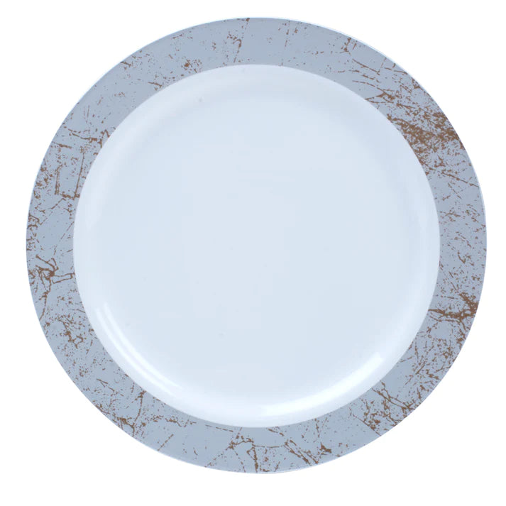 300-piece Silver Dinnerware Set for 50 guests Includes: 100 silver marble design plastic plates & 50 pre-wrapped silver-colored silverware sets