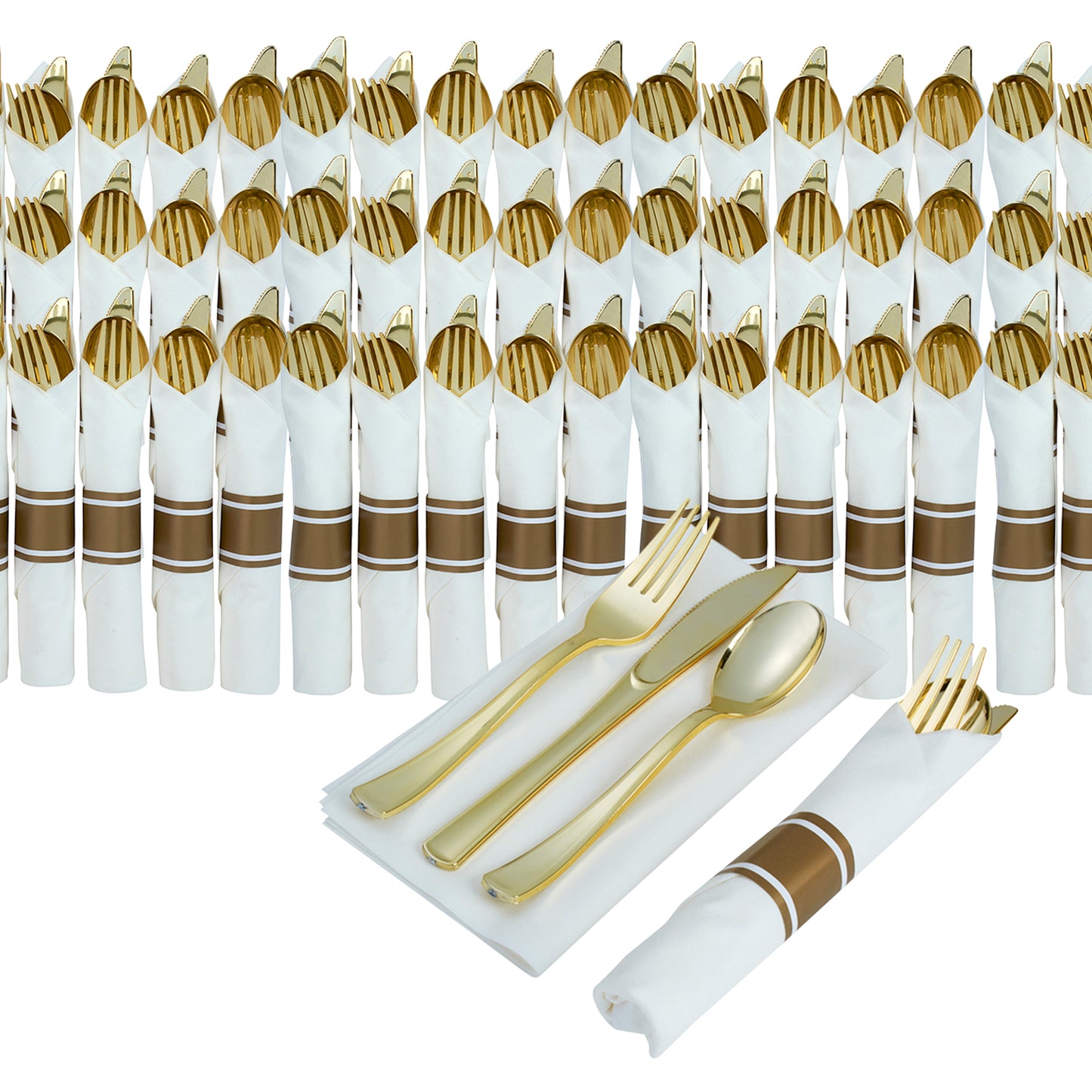 200 Piece Pre-rolled gold plastic silverware set (for 50 guests) In each napkin pack, you will find 1 fork, 1 knife, and 1 spoon, all wrapped up inside.