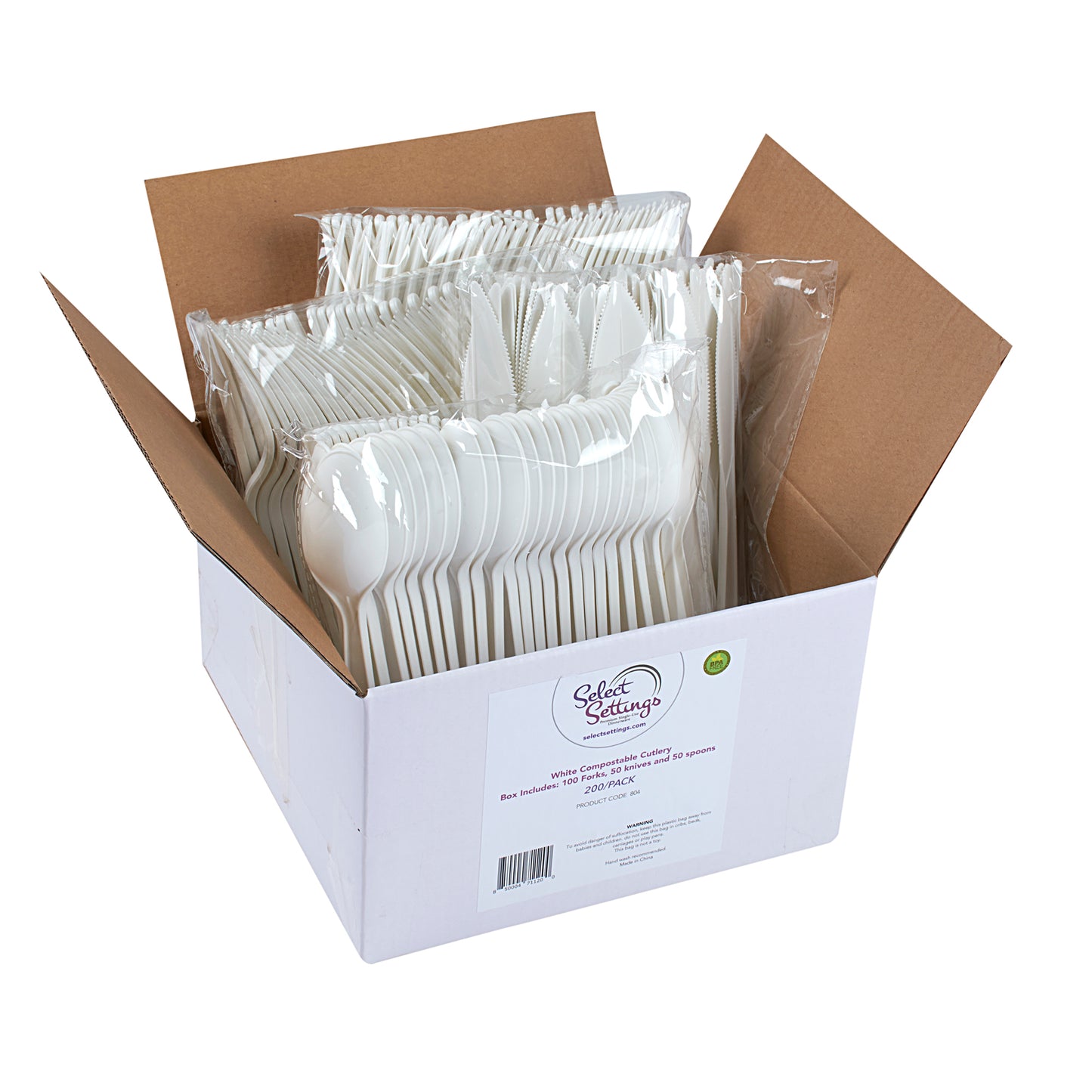 Silverware Set: 200 Piece Compostable Cutlery Box with Biodegradable Forks, Knives, and Spoons