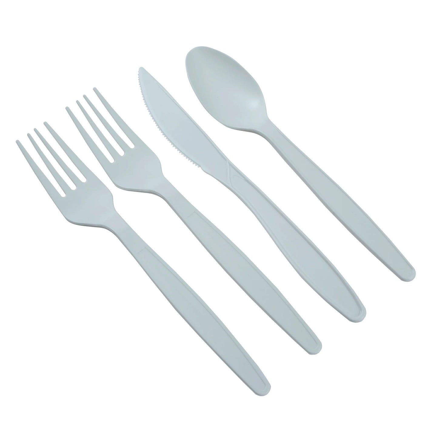 300-piece Compostable eco-friendly dinnerware set for 50 guests. Includes: 100 white square plates & 200 utensils