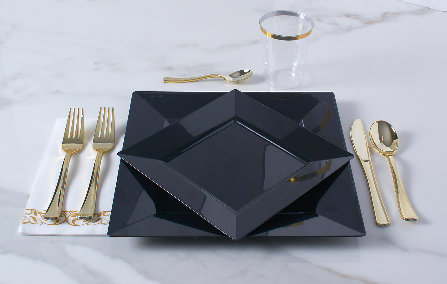 40 pc. set. Includes: 20 square, black, plastic dinner plates & 20 square salad plates