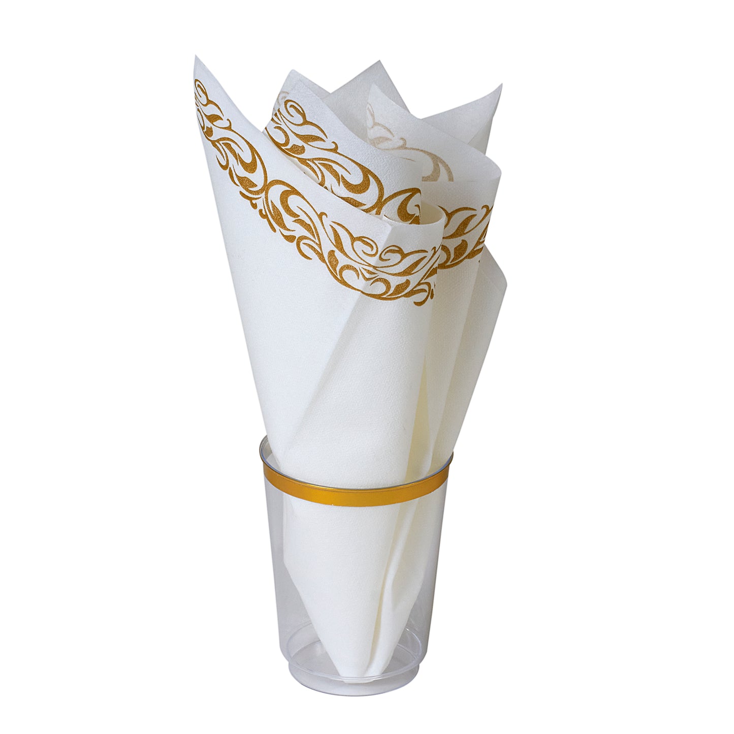 50 Gold Border disposable dinner napkins and 50  gold rim disposable plastic 10 oz. cups