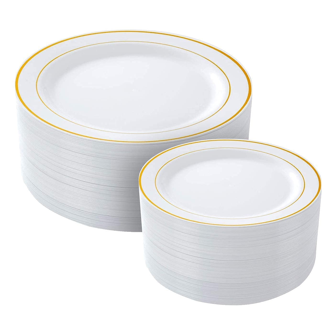 350-Piece Gold Dinnerware set for 50 guests Includes: 100 gold rim plastic plates, 250 gold plastic silverware utensils