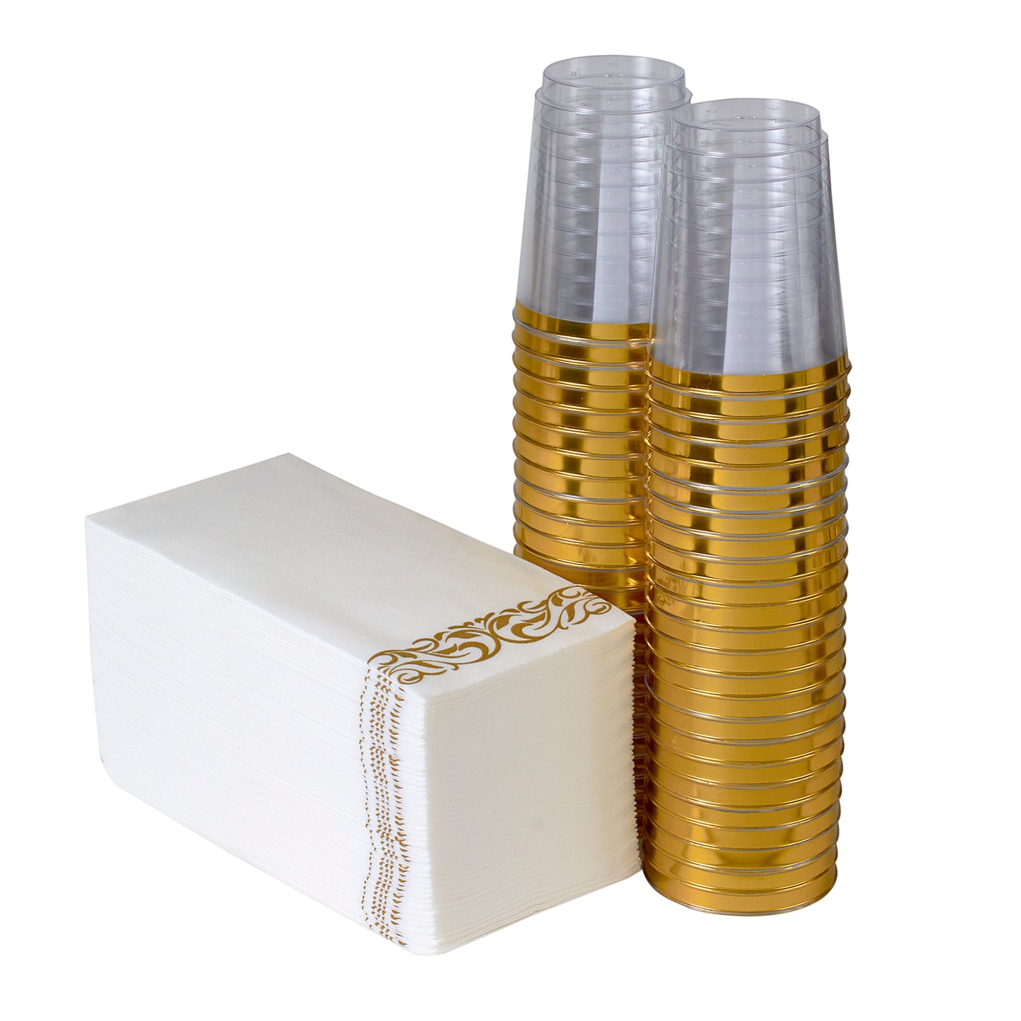 50 Gold Border disposable dinner napkins and 50  gold rim disposable plastic 10 oz. cups