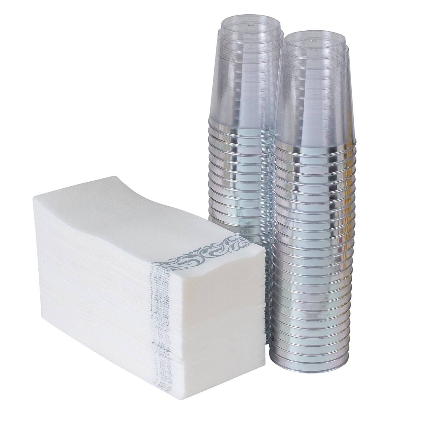 50 silver Border disposable dinner napkins and 50 silver rim disposable plastic 10 oz. cups