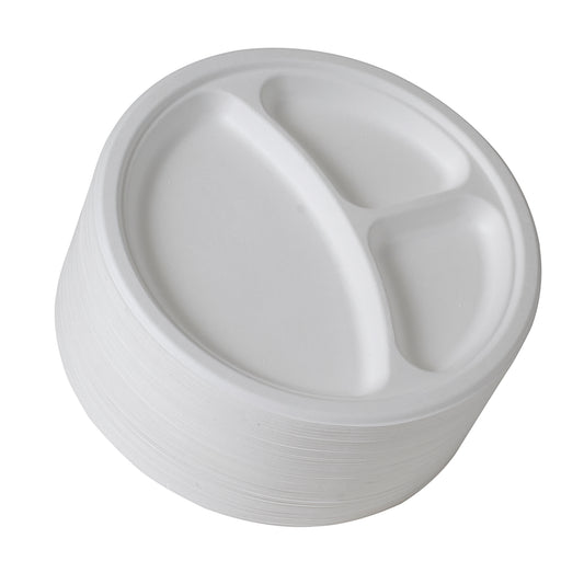 [100-Pack] compostable plates  3-Compartment white round biodegradable Bagasse 10 Inch Plates