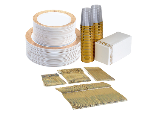 450 -Piece gold dinnerware set for 50 guests Includes: 100 gold marble design plastic plates, 250 gold plastic silverware utensils, 50 napkins & 50 cups